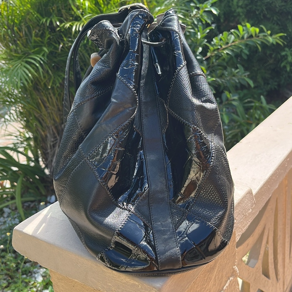 Vintage Patchwork Leather Drawstring Bag - image 5